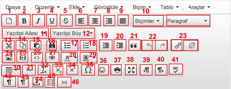 Editör 1-Yeni boş sayfa eklemek için kullanılır. 2-Seçili metni kalın yazı tipine dönüştürmek için kullanılır. 3-Seçili metni italik yapmak için kullanılır.