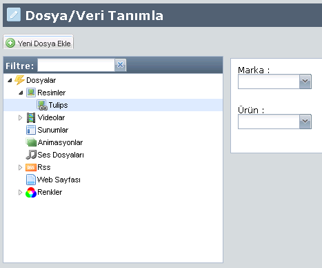 Sisteme eklediğiniz dosyalara marka ve ürün bilgisi ilave etmek için ilgili dosya üzerinde mouse ile tıklama yaptığınızda sağ tarafta açılan marka ürün kutucuklarından seçim yapabilirsiniz.