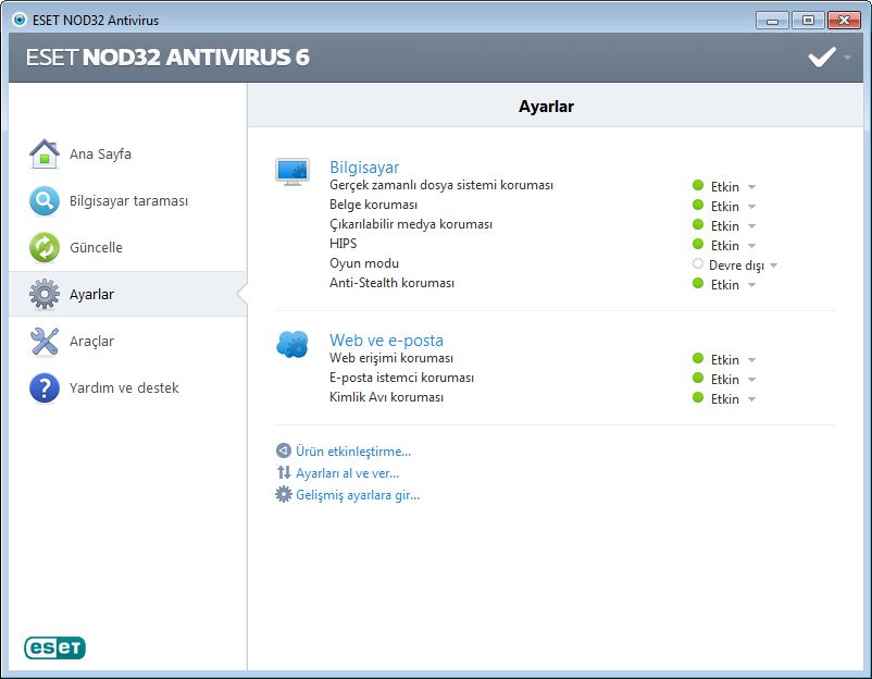 4. ESET NOD32 Antivirus ile çalışma ESET NOD32 Antivirus ayarları seçenekleri bilgisayarınızın koruma düzeylerini ayarlamanıza olanak verir.
