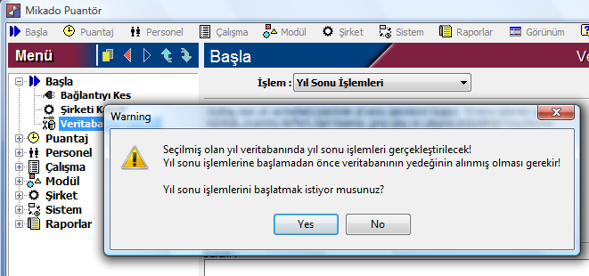 Mikado 2013 Yıl Sonu İşlemleri 5 2014 yılının seçilmiş olduğundan emin olunmalıdır. Başla Veritabanı İşlemleri seçilir İşlem: listesinden Yıl Sonu İşlemleri seçilir. Yıl sonu Tarihi: olarak seçilir.