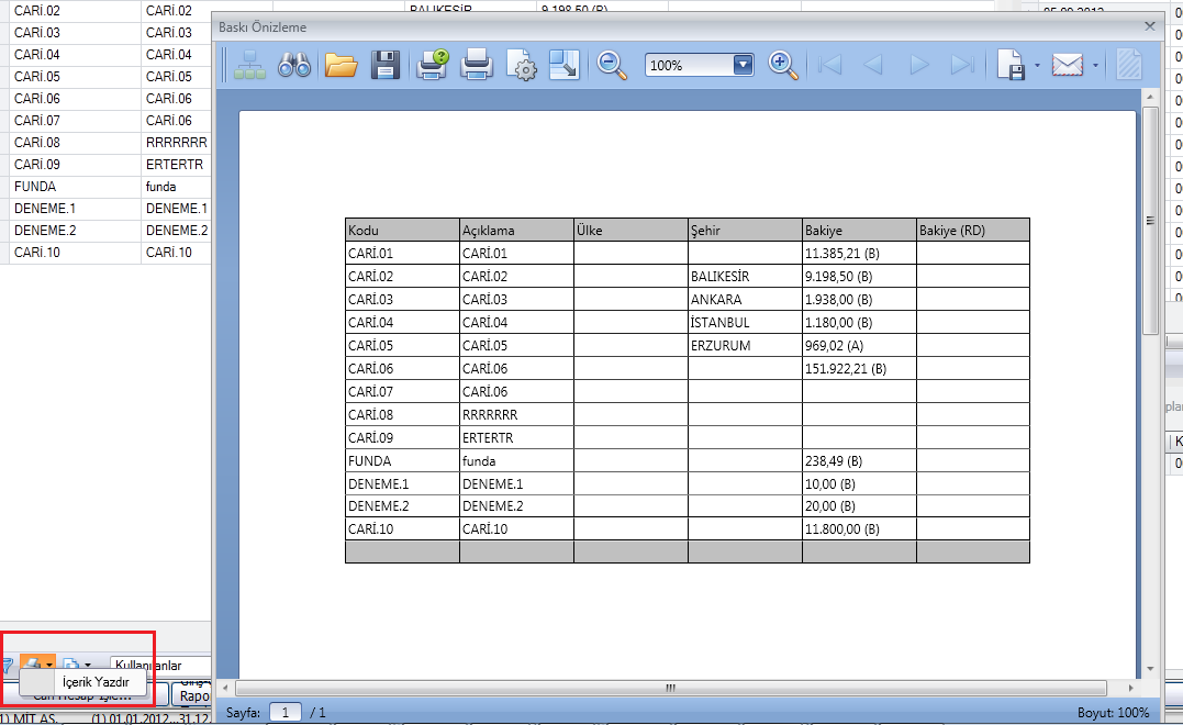 Yazdırma: Pencerede bulunan, cari hesapların, bu hesaplara ait işlem fişlerinin ve bu fişlere ait satırların listelendiği, daha önce anlatılan pencerelerde yer alan bilgilerin yazdırılması için bu