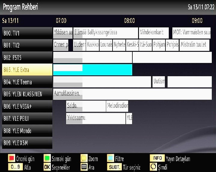 Elektronik Program Rehberi (EPG) Kanalların bazıları, o andaki ve sıradaki programlarla ilgili bilgileri gönderirler. EPG menüsünü görüntülemek için "EPG tuşuna basınız.