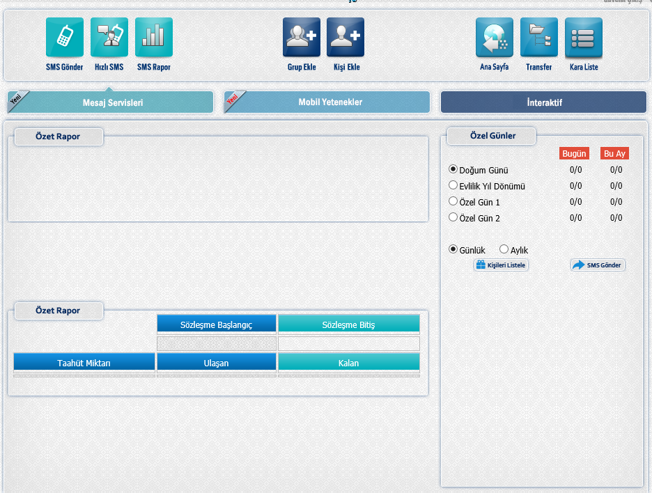 2. SİSTEMİN KULLANIMI https://sms.ttmesaj.com adresine kullanıcı adı ve şifreyle girildikten sonra açılan ekran aşağıdaki gibidir. Biriminize ait kota sayfanın sağ üst bölümde görülebilmektedir.