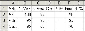 148. Yukarıdaki tabloda Veli nin 1. ve 2. Vize ortalamasını veren formül A) =Ortalama(B3:C3) B) =Topla(B3:C3) C) Ortalama (B3:C3) D) =Topla(B3;C3) 149.