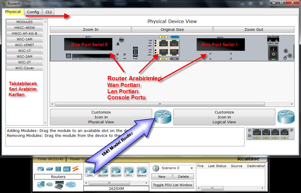 3.1 Ağ Donanım Cihazlarının Fizksel Yapılarını Simülatör ile Keşfetme Yukarıda görüldüğü gibi çalışma alanımıza eklediğimiz Cisco 1841 Model bir Router için fiziksel görünüm karşımızdadır.