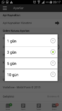 1.7.1. Giden Kutusu Ayarları Ekranın sol üst köşesindeki Menü butonundan açılan menü ekranından Ayarlar menüsü ile ayar ekranına girilir.