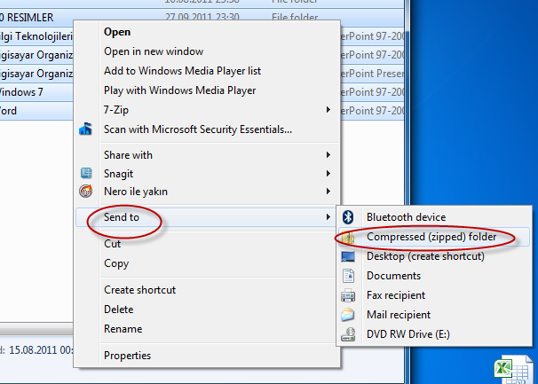 Windows 7 Bölüm 3-Denetim Masası Simgeleri Birden fazla dosyayı sıkıştırmak için dosyaları seçip fare ile sağ