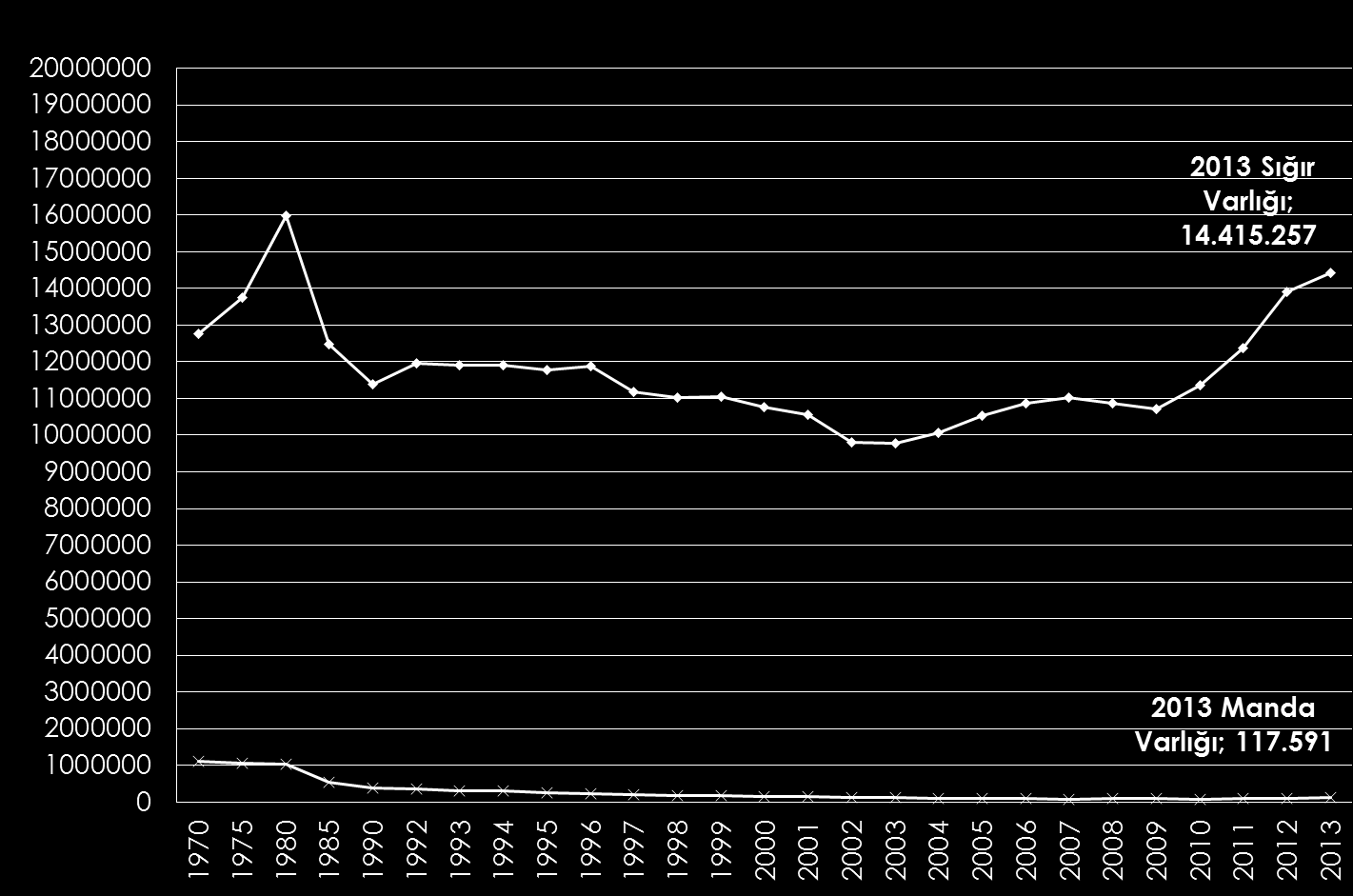 Türkiye Büyükbaş Hayvan Sayıları Türkiye türlere bağlı olarak hayvan varlığı açısından en yüksek rakamlara 1960-1980 yılları arasında ulaşmıştır.