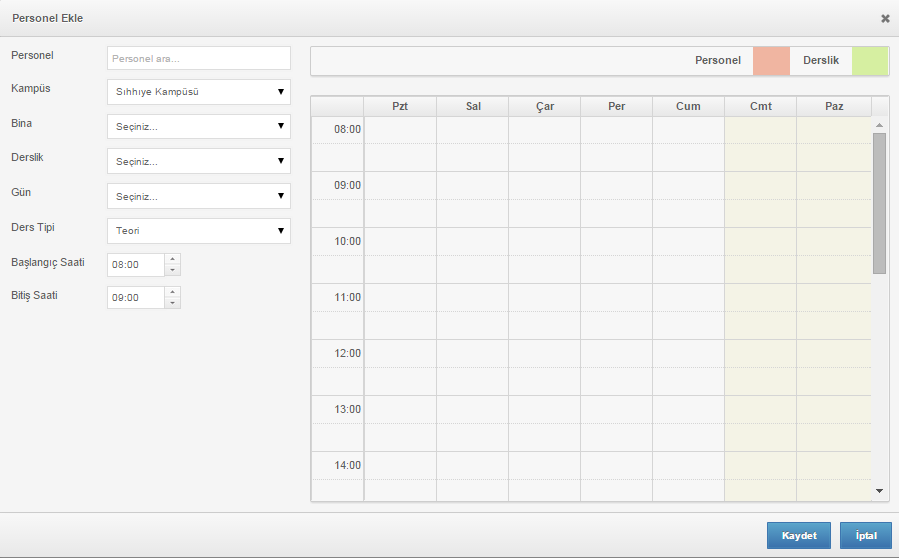 Personel Sekmesi: Yukarıdaki ekran aşağıdaki alanlardan oluşmaktadır. Personel: Dersi verecek olan personelin girilebildiği alandır.