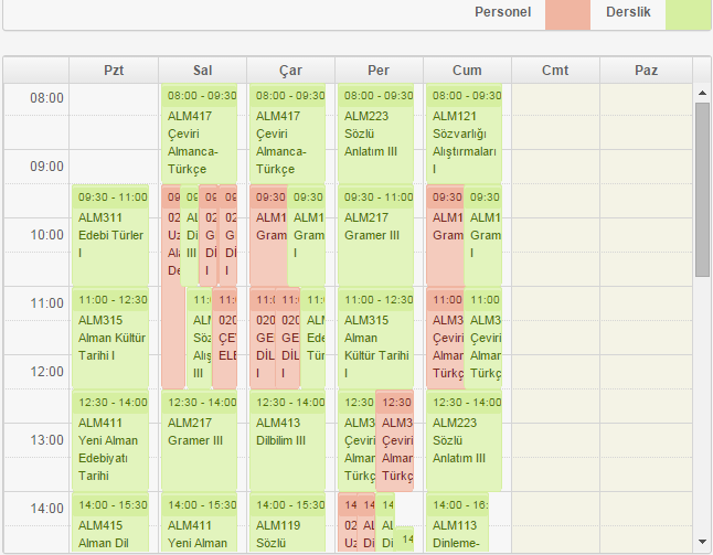 Bu kısımda yeşil renkli olan bilgiler o derslikte ilgili gün ve saatte verilen dersleri ifade ederken pembe renkliler ise ilgili personelin ders gün ve saatlerini ifade etmektedir.