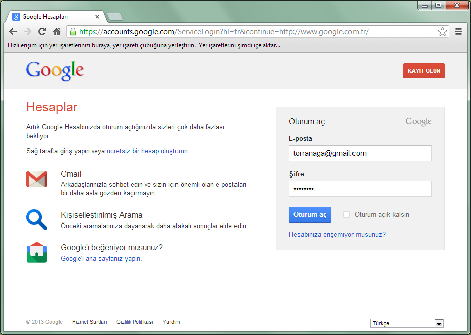 Şekil 3. Google Giriş Ekranı Eğer bir Gmail e-posta hesabınız yoksa Şekil 3. deki ekranda Kayıt Olun butonuna tıklayarak yeni bir e-posta hesabı oluşturup erişim sağlayabilirsiniz. Adım 2.