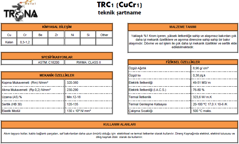 İ. Yüksek İletkenlikli Bakırlar Ürün Şartnameleri 17 TRONA