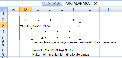 Bölme İki sayıyı bölmek için kullanılır. Ortalama() Belirlenen aralıktaki(n adet) hücrelerin aritmetik ortalamasını bulmak için kullanılır. = ORTALAMA ( deger[1] : deger[n] ) a.