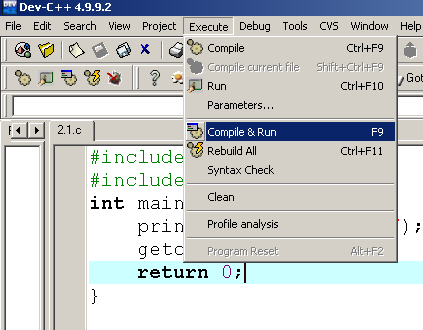Programlamaya ve Veri Yapılarına Giriş 30 Yukarıdaki şekilde yazılan kodun çalışıtırılması için menülerden Execute altındaki Compile & Run seçeneği gösterilmektedir.