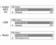 96 Bilgi ve Eğlence Sistemi İşlev seçimi FM/AM radyo veya DAB (sadece A tipi için) CD/MP3/USB/iPod ses veya harici (AUX) girişi çalma AM/FM radyo veya DAB (sadece A tipi için) fonksiyonunu seçmek