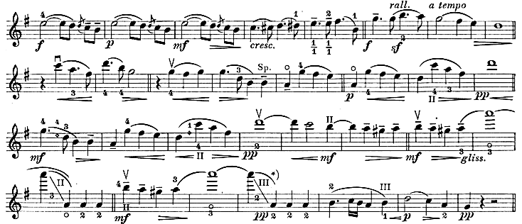 57 Mendelssohn un portato şeklindeki pasajlarında, nüans oldukça önemlidir. Romantizmi tam anlamıyla hissettiren ölçülerde, Sevcik aşağıdaki nüans çalışmasını önermiştir.