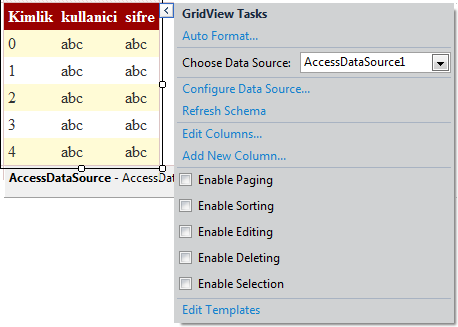 GridView kontrolünün görev menüsü tekrar incelenecek olursa yeni seçeneklerin geldiği görülebilir. Resim 3.