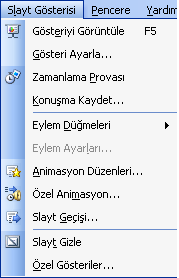 Gösteriyi görüntüle : Yapmış olduğumuz slaytları tam ekran halinde gösterir. Gösteri ayarları : Slaytlarına hangi türde, hangi slaytların gösterileceğinin belirlendiği seçenektir.