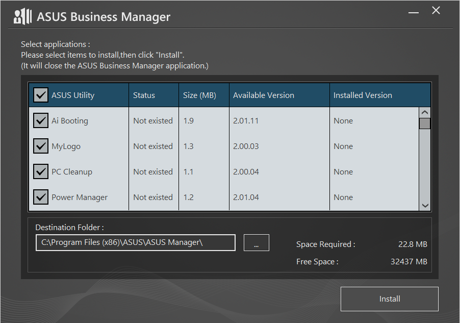 Bölüm 5 ASUS Business Manager ı Kullanma ASUS Business Manager ASUS Manager, ASUS bilgisayarınızı özelleştirmeye ve korumaya yönelik bir araçlar kümesi sağlar. ASUS Business Manager Kurma 1.