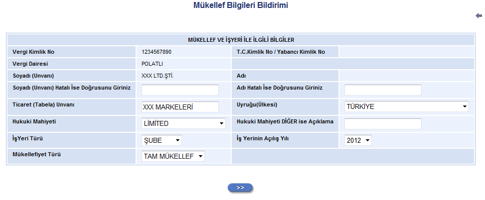 3 - TAMAM butonu işaretlendikten sonra gelen bu ekranda, bildirim düzenlenecek mükellef kendisi ise kendisinin, müşterisi ise müşterisinin faal olduğu vergi dairesi seçilir.