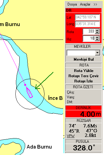 Seyir sırasında, bilgisayara bağlı diğer aygıtlardan gelen bilgilerin gösterimine ( Şekil 5) ilişkin bir örnek, harita üzerindeki durum ile birlikte Şekil 45'de görülmektedir.