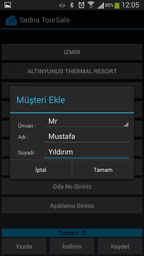 Bir sonraki ekran müşteri seçim ekranı, bu ekranda bileti sattığınız müşterinin ismini seçiyorsunuz.