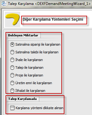 1) Talep Edilen Miktar (lar) için, Talep edilen miktarlar için dikkate alınacak ambar ya da ambarlar Talep Ambarı Stok Durumu Kontrol Edilsin Diğer Ambarların Stok Durumu Kontrol Edilsin seçenekleri