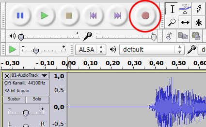 Audacity (Ses İşleme Yazılımı) Hareketler Menüsü simgelerinden Kayıt düğmesiyle mikrofon üzerinden ses kaydı yapılabilir.