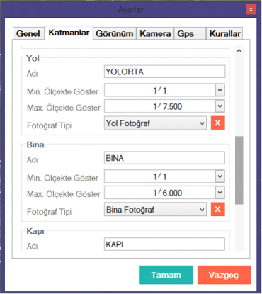 Katmanlar sekmesinden, katman tanımlamaları ve katmanlar için çekilecek fotoğraf tanımlamaları yapılabilir. Görünüm seviyesi ayarları da bu sekmeden düzenlenebilir.