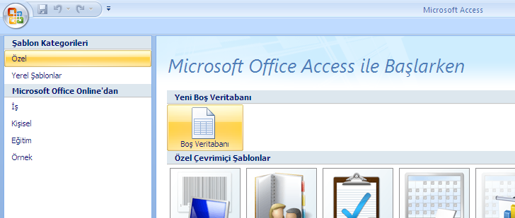 Access Başlarken Access programı çalıştırıldığında Yeni boş bir veritabanı