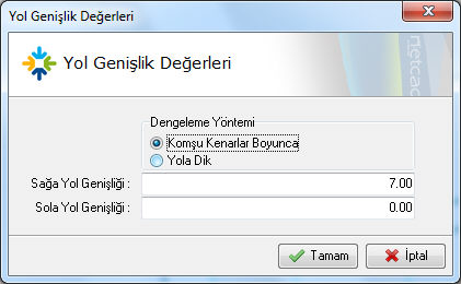 seçilirse bu durumda parselin kırık hatlarındaki noktalar çekilir. İşleme girildiğinde dengeleme yöntemi seçilir ve yol genişlik değeri girilir.