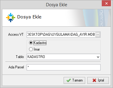 Işlemler Dosya Ekle Dosya Ekle Herhangi bir dağıtım dosyasındaki ya da Kayıt Ayır (?) işlemi ile oluşturulmuş kadastro kayıtlarını mevcut dağıtım dosyasına eklemek için kullanılır.