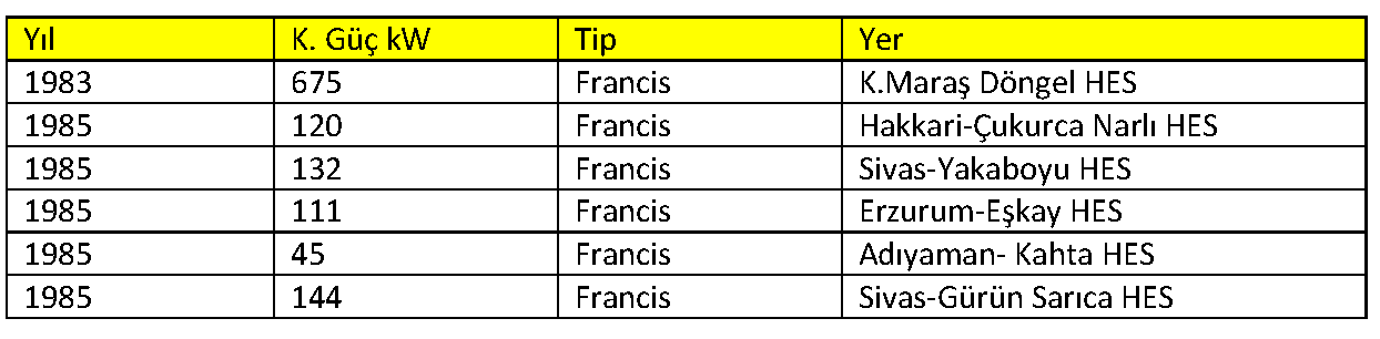GEÇMİŞTE NE YAPILDI? 1980 li yıllarda İŞBİR ve TÜRBOSAN işbirliği ile aşağıda listelenmiş küçük kapasiteli türbin ve jeneratörlerin imalatları da gerçekleştirilmiştir.