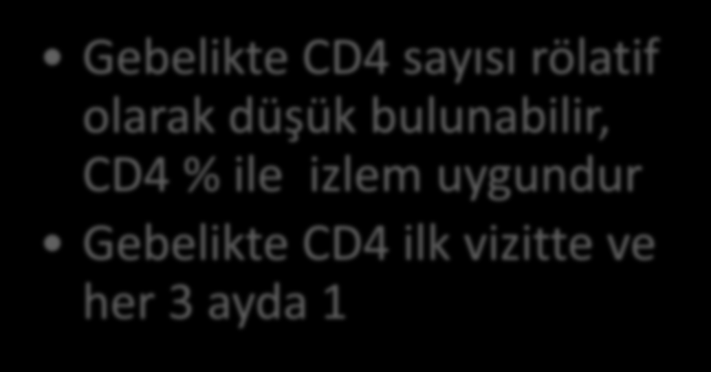 izlem Hematokrit Maternal anemi: Gebeyi etkiler Anneden bebeğe HIV geçişini arttırır CD4 Gebelikte CD4