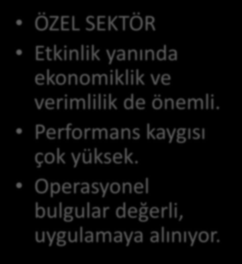 İç Denetim Bulgularının Performansa Etkisi KAMU SEKTÖRÜ Etkinlik önemli, verimlilik ve ekonomiklik değil Performans kaygısı ya çok düşük ya da gereğinden fazla Operasyonel bulgular