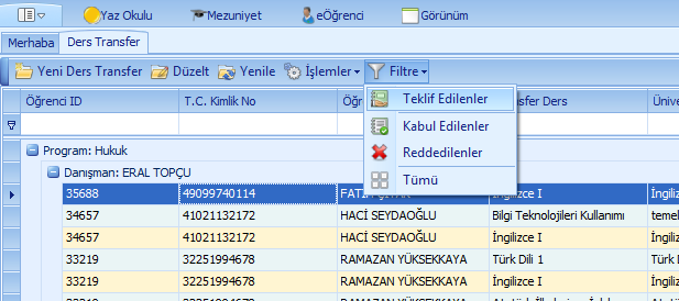 3. Listelenen dersler çoklu seçim veya tümünü seç yöntemiyle seçim yapılabilir.