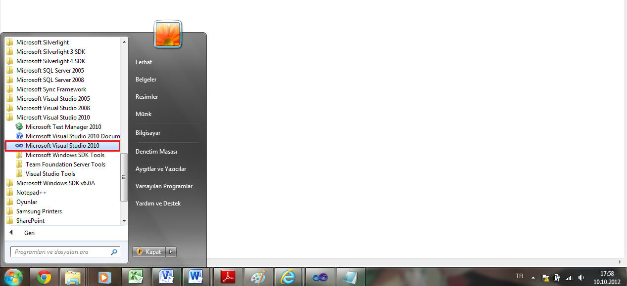 Microsoft Visual Studio 2010 Programının Açılması Şekil 1 de görüldüğü gibi