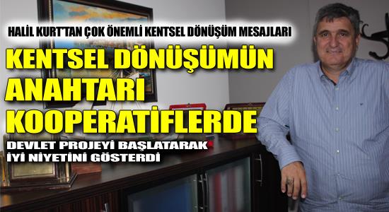 Devlet Kentsel dönüşümü başlatarak iyi niyetini ortaya koymuştur diyen Kurt, kooperatiflerin bu dönüşüm projesinde kilit bir rol oynayacağını ifade etti.