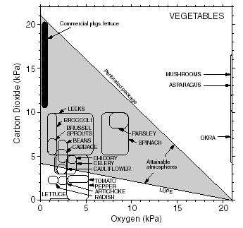 Meyve-sebzeler için tavsiye edilen O 2 ve CO 2 oranları.