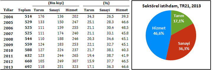 TR21 Bölgesinde istihdamda en yüksek paya sahip sektör %46,6 ile hizmet sektörü olup, bunu %36,3 ile sanayi, %17,1 ile tarım sektörü izlemektedir.