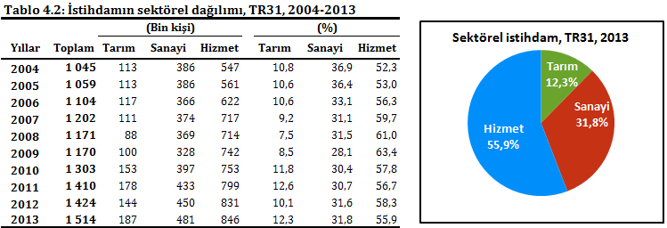 TR31 Bölgesinde istihdamda en yüksek paya sahip sektör %55,9 ile hizmet sektörü iken, sanayi sektörünün payı %31,8, tarım sektörünün payı ise %12,3 dür.