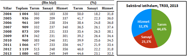 TR33 Bölgesinde tarım sektörünün istihdamdaki payı %44,6, hizmet sektörünün payı %32,3 iken sanayi sektörünün payı %23,1 dir.