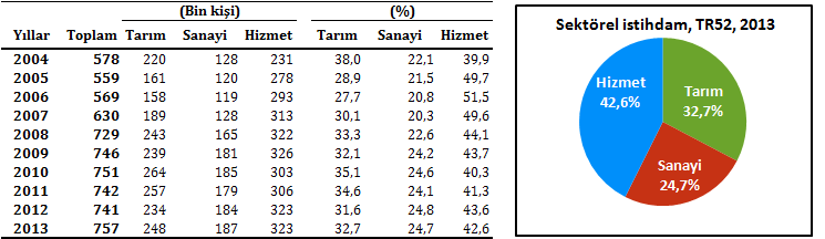 TR52 Bölgesinde istihdamda en yüksek paya sahip sektörün %42,6 ile hizmet sektörü olduğu görülürken, tarım sektörünün payı %32,7 sanayi sektörünün payı ise %24,7 dir. Tablo 10.