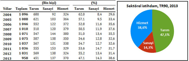 TR90 Bölgesinde tarım sektörünün bölge istihdamındaki payı %47,1, hizmet sektörünün payı %38,6, sanayi sektörünün payı ise %14,3 dür.