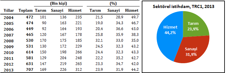 TRC1 Bölgesinde hizmet sektörünün toplam istihdamdaki payı %44,2, sanayi sektörünün payı %31,9, tarım sektörünün payı ise %23,9 dur. Tablo 24.2: ın sektörel dağılımı, TRC1, 2004-2013 Tablo 24.