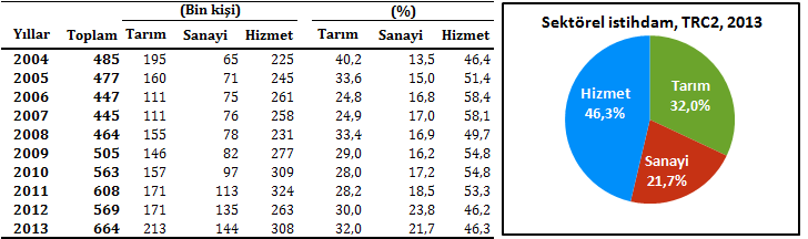 TRC2 Bölgesinde hizmet sektörünün toplam istihdamdaki payı %46,3, tarım sektörünün payı %32, sanayi sektörünün payı ise %21,7 dir. Tablo 25.2: ın sektörel dağılımı, TRC2, 2004-2013 Tablo 25.