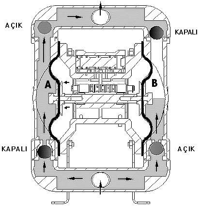 Aşağıdaki şemada pompanın çalışma prensibi anlatılmıştır. Pompada iki adet valf sistemi bulunmaktadır. Pompa dışı valf, havayı diyaframlara dağıtır.