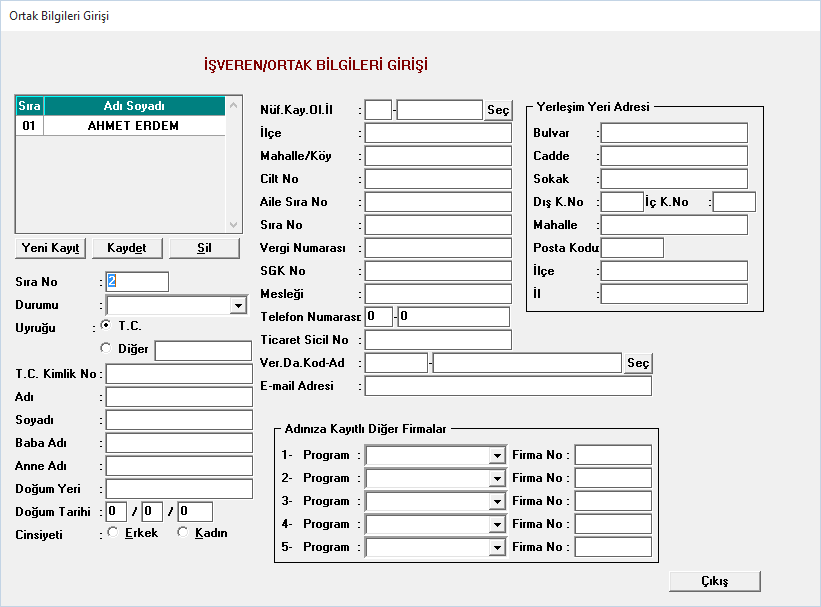 Parametreler menüsünde firmanın girilmesi