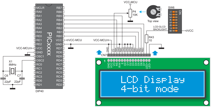 9 2x16 karakter LCD modülünün donanımsal bağlantıları 4 bitlik çalışma moduna göre yapılmıştır.