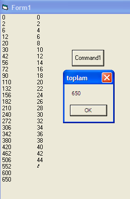 ÖRNEK: 1 den 50 a kadar olan çift sayıların toplamını hesaplayan program Private Sub Command1_Click() Dim n As Integer Dim